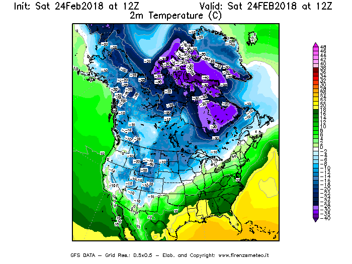 Mappa di analisi GFS - Temperatura a 2 metri dal suolo [°C] in Nord-America
							del 24/02/2018 12 <!--googleoff: index-->UTC<!--googleon: index-->