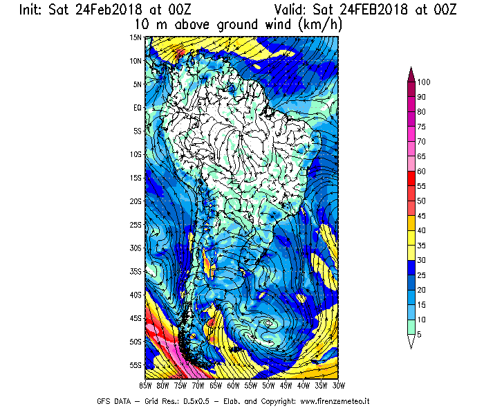 Mappa di analisi GFS - Velocità del vento a 10 metri dal suolo [km/h] in Sud-America
							del 24/02/2018 00 <!--googleoff: index-->UTC<!--googleon: index-->