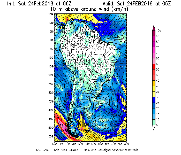 Mappa di analisi GFS - Velocità del vento a 10 metri dal suolo [km/h] in Sud-America
							del 24/02/2018 06 <!--googleoff: index-->UTC<!--googleon: index-->
