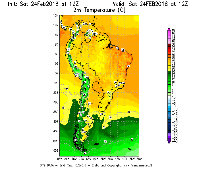 Mappa di analisi GFS - Temperatura a 2 metri dal suolo [°C] in Sud-America
							del 24/02/2018 12 <!--googleoff: index-->UTC<!--googleon: index-->