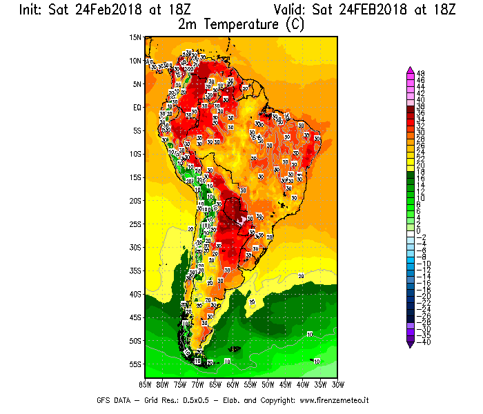 Mappa di analisi GFS - Temperatura a 2 metri dal suolo [°C] in Sud-America
							del 24/02/2018 18 <!--googleoff: index-->UTC<!--googleon: index-->
