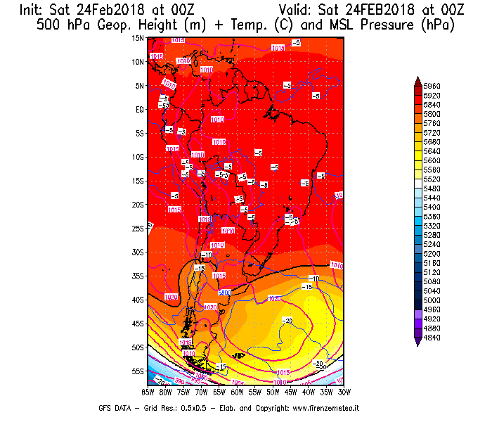 Mappa di analisi GFS - Geopotenziale [m] + Temp. [°C] a 500 hPa + Press. a livello del mare [hPa] in Sud-America
							del 24/02/2018 00 <!--googleoff: index-->UTC<!--googleon: index-->