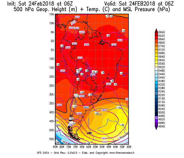 Mappa di analisi GFS - Geopotenziale [m] + Temp. [°C] a 500 hPa + Press. a livello del mare [hPa] in Sud-America
							del 24/02/2018 06 <!--googleoff: index-->UTC<!--googleon: index-->