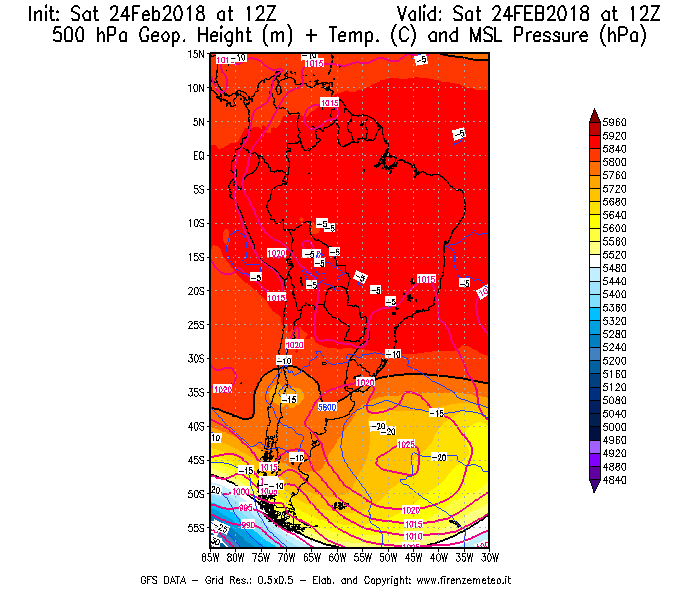 Mappa di analisi GFS - Geopotenziale [m] + Temp. [°C] a 500 hPa + Press. a livello del mare [hPa] in Sud-America
							del 24/02/2018 12 <!--googleoff: index-->UTC<!--googleon: index-->