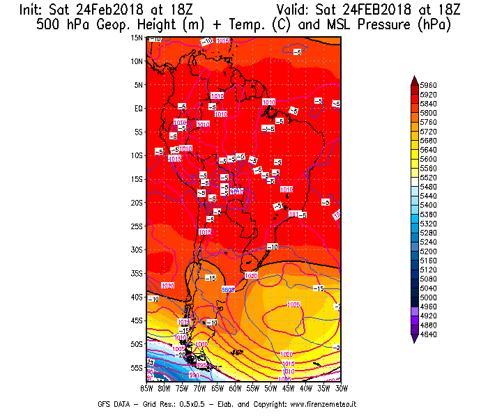 Mappa di analisi GFS - Geopotenziale [m] + Temp. [°C] a 500 hPa + Press. a livello del mare [hPa] in Sud-America
							del 24/02/2018 18 <!--googleoff: index-->UTC<!--googleon: index-->