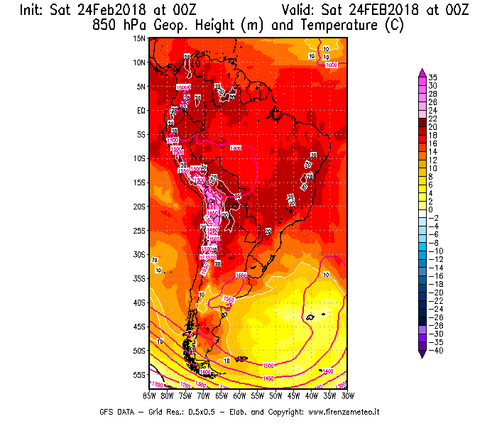 Mappa di analisi GFS - Geopotenziale [m] e Temperatura [°C] a 850 hPa in Sud-America
							del 24/02/2018 00 <!--googleoff: index-->UTC<!--googleon: index-->