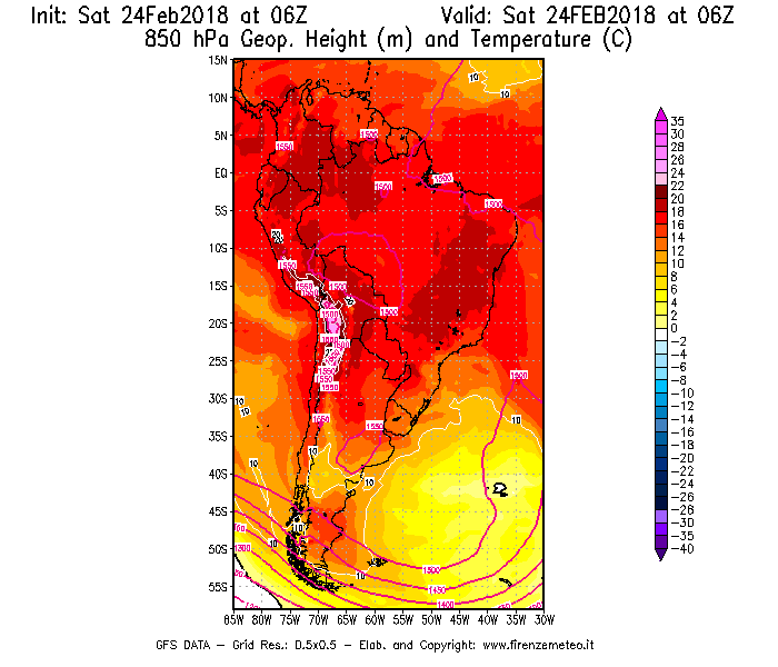 Mappa di analisi GFS - Geopotenziale [m] e Temperatura [°C] a 850 hPa in Sud-America
							del 24/02/2018 06 <!--googleoff: index-->UTC<!--googleon: index-->