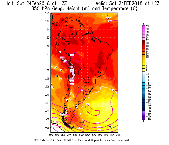 Mappa di analisi GFS - Geopotenziale [m] e Temperatura [°C] a 850 hPa in Sud-America
							del 24/02/2018 12 <!--googleoff: index-->UTC<!--googleon: index-->