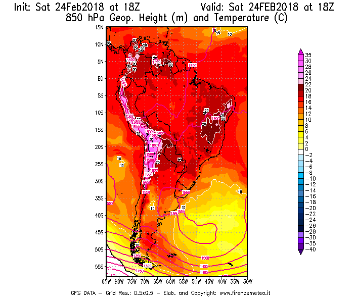 Mappa di analisi GFS - Geopotenziale [m] e Temperatura [°C] a 850 hPa in Sud-America
							del 24/02/2018 18 <!--googleoff: index-->UTC<!--googleon: index-->