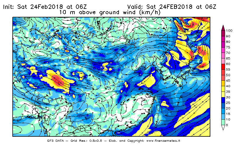 Mappa di analisi GFS - Velocità del vento a 10 metri dal suolo [km/h] in Asia Orientale
							del 24/02/2018 06 <!--googleoff: index-->UTC<!--googleon: index-->