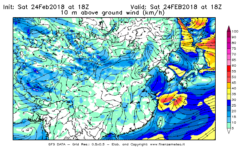 Mappa di analisi GFS - Velocità del vento a 10 metri dal suolo [km/h] in Asia Orientale
							del 24/02/2018 18 <!--googleoff: index-->UTC<!--googleon: index-->