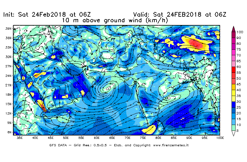 Mappa di analisi GFS - Velocità del vento a 10 metri dal suolo [km/h] in Asia Sud-Occidentale
							del 24/02/2018 06 <!--googleoff: index-->UTC<!--googleon: index-->