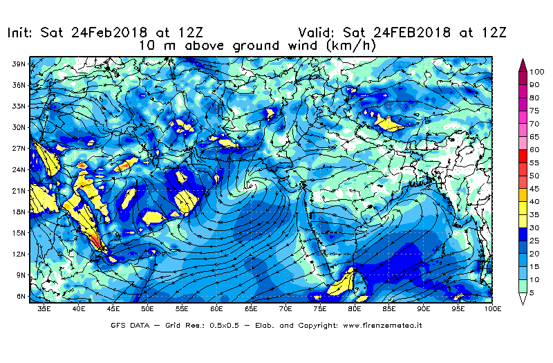 Mappa di analisi GFS - Velocità del vento a 10 metri dal suolo [km/h] in Asia Sud-Occidentale
							del 24/02/2018 12 <!--googleoff: index-->UTC<!--googleon: index-->