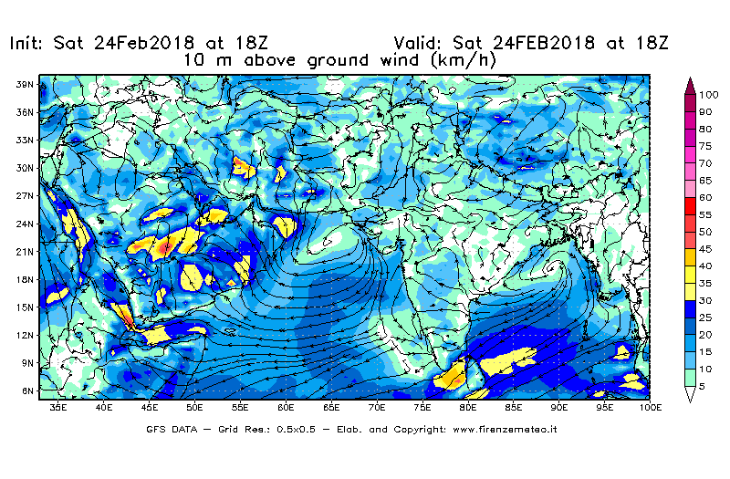Mappa di analisi GFS - Velocità del vento a 10 metri dal suolo [km/h] in Asia Sud-Occidentale
							del 24/02/2018 18 <!--googleoff: index-->UTC<!--googleon: index-->