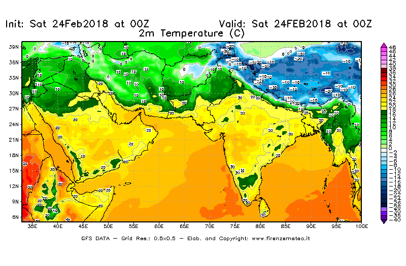 Mappa di analisi GFS - Temperatura a 2 metri dal suolo [°C] in Asia Sud-Occidentale
							del 24/02/2018 00 <!--googleoff: index-->UTC<!--googleon: index-->