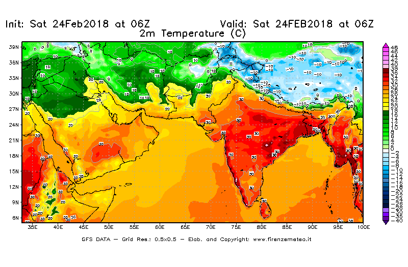 Mappa di analisi GFS - Temperatura a 2 metri dal suolo [°C] in Asia Sud-Occidentale
							del 24/02/2018 06 <!--googleoff: index-->UTC<!--googleon: index-->