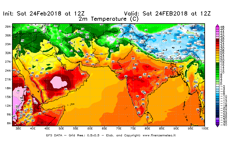 Mappa di analisi GFS - Temperatura a 2 metri dal suolo [°C] in Asia Sud-Occidentale
							del 24/02/2018 12 <!--googleoff: index-->UTC<!--googleon: index-->