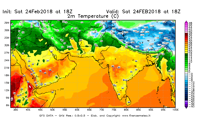 Mappa di analisi GFS - Temperatura a 2 metri dal suolo [°C] in Asia Sud-Occidentale
							del 24/02/2018 18 <!--googleoff: index-->UTC<!--googleon: index-->