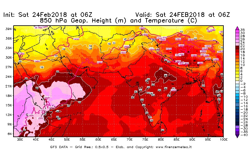 Mappa di analisi GFS - Geopotenziale [m] e Temperatura [°C] a 850 hPa in Asia Sud-Occidentale
							del 24/02/2018 06 <!--googleoff: index-->UTC<!--googleon: index-->