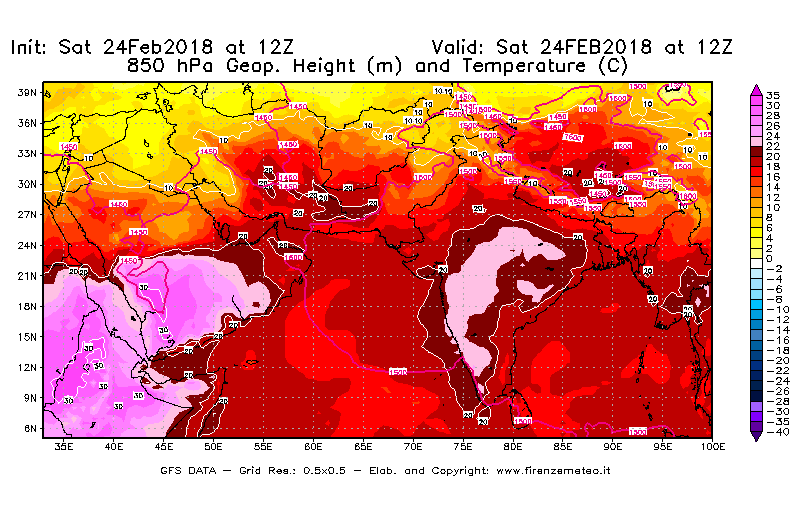 Mappa di analisi GFS - Geopotenziale [m] e Temperatura [°C] a 850 hPa in Asia Sud-Occidentale
							del 24/02/2018 12 <!--googleoff: index-->UTC<!--googleon: index-->