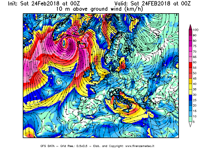 Mappa di analisi GFS - Velocità del vento a 10 metri dal suolo [km/h] in Europa
							del 24/02/2018 00 <!--googleoff: index-->UTC<!--googleon: index-->