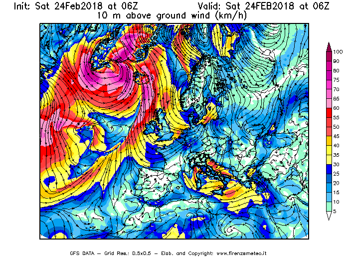 Mappa di analisi GFS - Velocità del vento a 10 metri dal suolo [km/h] in Europa
							del 24/02/2018 06 <!--googleoff: index-->UTC<!--googleon: index-->