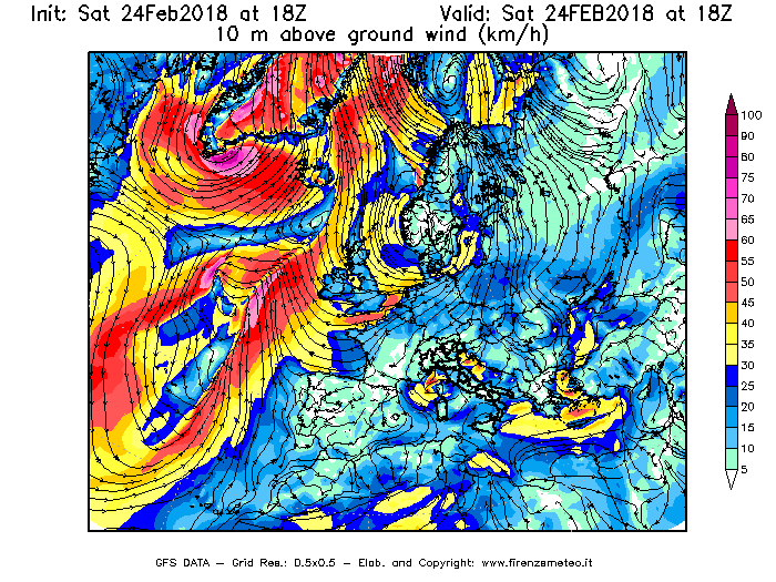 Mappa di analisi GFS - Velocità del vento a 10 metri dal suolo [km/h] in Europa
							del 24/02/2018 18 <!--googleoff: index-->UTC<!--googleon: index-->