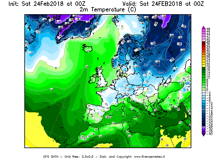 Mappa di analisi GFS - Temperatura a 2 metri dal suolo [°C] in Europa
							del 24/02/2018 00 <!--googleoff: index-->UTC<!--googleon: index-->