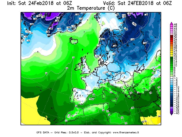 Mappa di analisi GFS - Temperatura a 2 metri dal suolo [°C] in Europa
							del 24/02/2018 06 <!--googleoff: index-->UTC<!--googleon: index-->