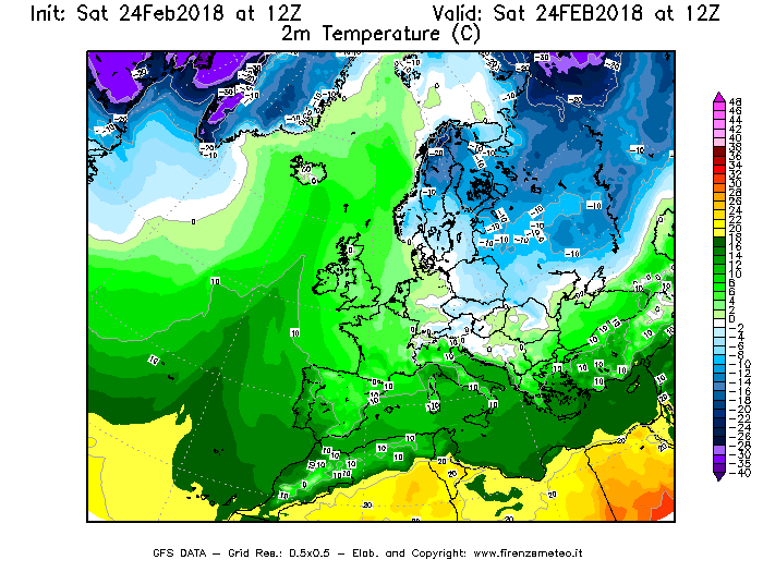 Mappa di analisi GFS - Temperatura a 2 metri dal suolo [°C] in Europa
							del 24/02/2018 12 <!--googleoff: index-->UTC<!--googleon: index-->