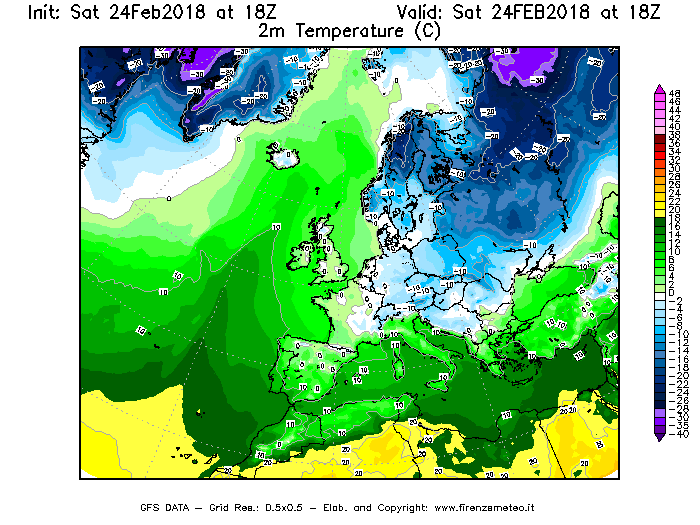 Mappa di analisi GFS - Temperatura a 2 metri dal suolo [°C] in Europa
							del 24/02/2018 18 <!--googleoff: index-->UTC<!--googleon: index-->