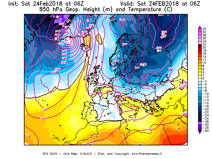 Mappa di analisi GFS - Geopotenziale [m] e Temperatura [°C] a 850 hPa in Europa
							del 24/02/2018 06 <!--googleoff: index-->UTC<!--googleon: index-->