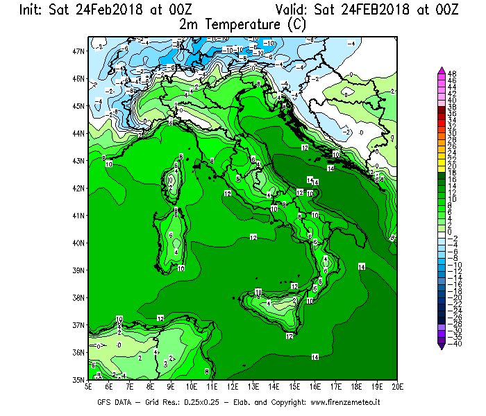 Mappa di analisi GFS - Temperatura a 2 metri dal suolo [°C] in Italia
							del 24/02/2018 00 <!--googleoff: index-->UTC<!--googleon: index-->