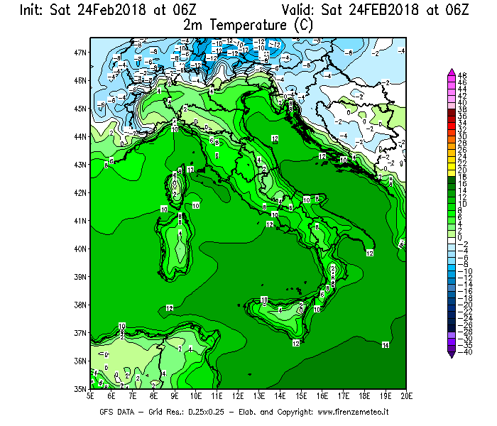 Mappa di analisi GFS - Temperatura a 2 metri dal suolo [°C] in Italia
							del 24/02/2018 06 <!--googleoff: index-->UTC<!--googleon: index-->