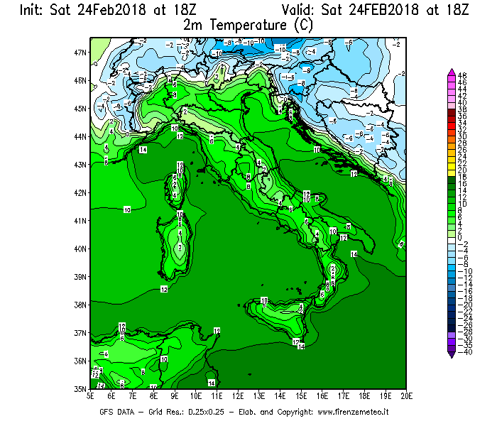 Mappa di analisi GFS - Temperatura a 2 metri dal suolo [°C] in Italia
							del 24/02/2018 18 <!--googleoff: index-->UTC<!--googleon: index-->