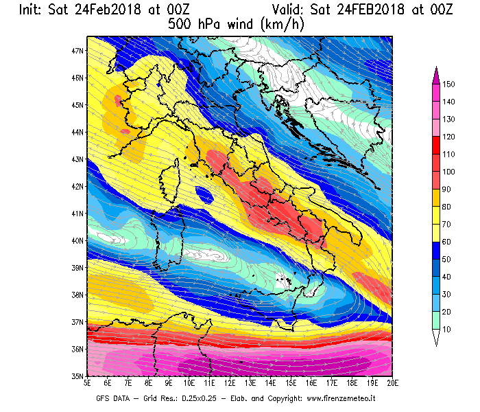 Mappa di analisi GFS - Velocità del vento a 500 hPa [km/h] in Italia
							del 24/02/2018 00 <!--googleoff: index-->UTC<!--googleon: index-->