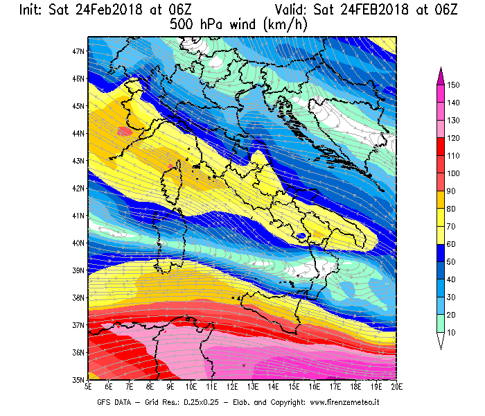 Mappa di analisi GFS - Velocità del vento a 500 hPa [km/h] in Italia
							del 24/02/2018 06 <!--googleoff: index-->UTC<!--googleon: index-->
