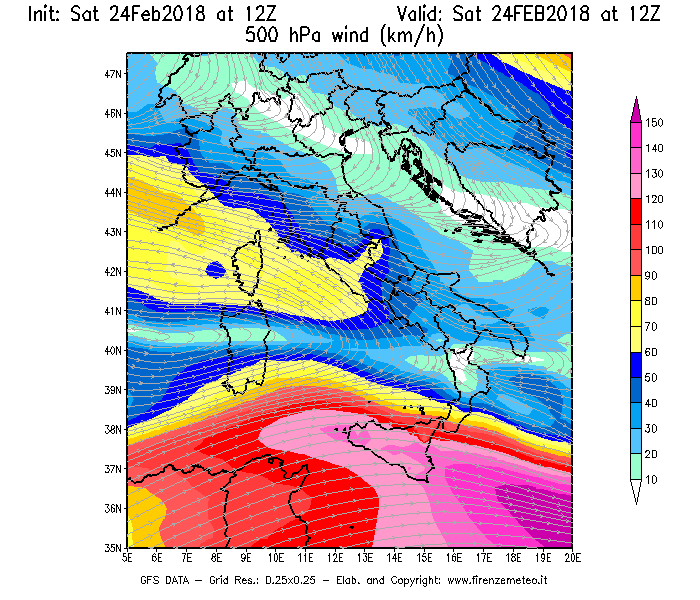 Mappa di analisi GFS - Velocità del vento a 500 hPa [km/h] in Italia
							del 24/02/2018 12 <!--googleoff: index-->UTC<!--googleon: index-->