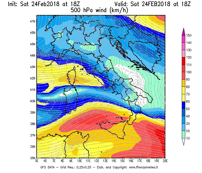 Mappa di analisi GFS - Velocità del vento a 500 hPa [km/h] in Italia
							del 24/02/2018 18 <!--googleoff: index-->UTC<!--googleon: index-->