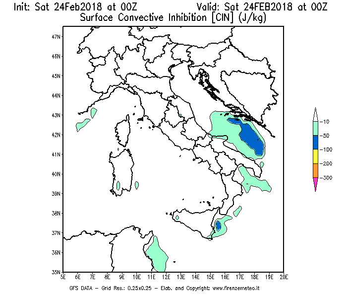 Mappa di analisi GFS - CIN [J/kg] in Italia
							del 24/02/2018 00 <!--googleoff: index-->UTC<!--googleon: index-->