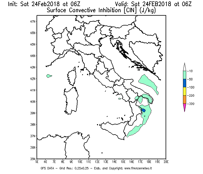 Mappa di analisi GFS - CIN [J/kg] in Italia
							del 24/02/2018 06 <!--googleoff: index-->UTC<!--googleon: index-->