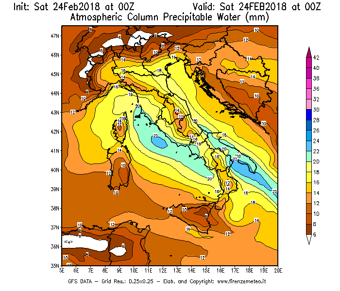 Mappa di analisi GFS - Precipitable Water [mm] in Italia
							del 24/02/2018 00 <!--googleoff: index-->UTC<!--googleon: index-->