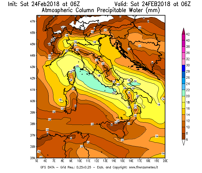 Mappa di analisi GFS - Precipitable Water [mm] in Italia
							del 24/02/2018 06 <!--googleoff: index-->UTC<!--googleon: index-->