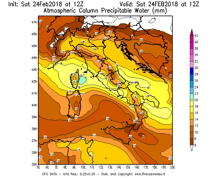 Mappa di analisi GFS - Precipitable Water [mm] in Italia
							del 24/02/2018 12 <!--googleoff: index-->UTC<!--googleon: index-->