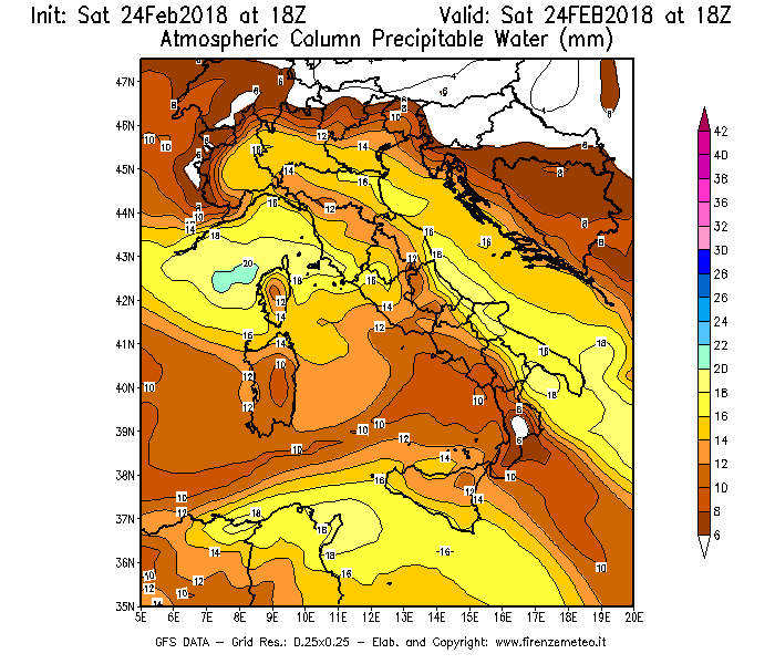 Mappa di analisi GFS - Precipitable Water [mm] in Italia
							del 24/02/2018 18 <!--googleoff: index-->UTC<!--googleon: index-->