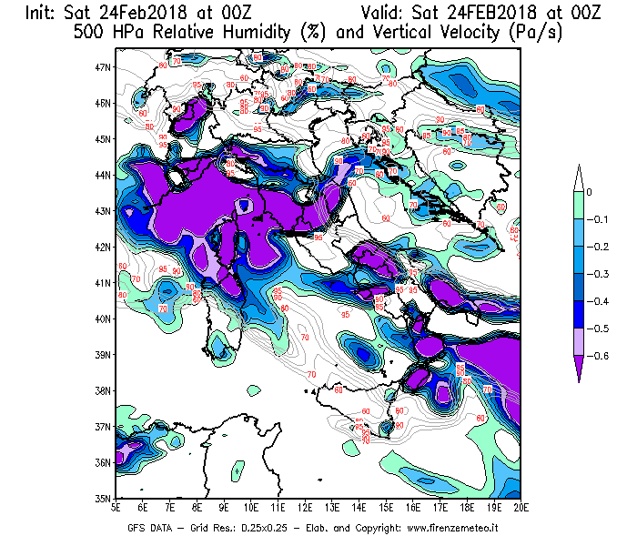Mappa di analisi GFS - Umidità relativa [%] e Omega [Pa/s] a 500 hPa in Italia
							del 24/02/2018 00 <!--googleoff: index-->UTC<!--googleon: index-->