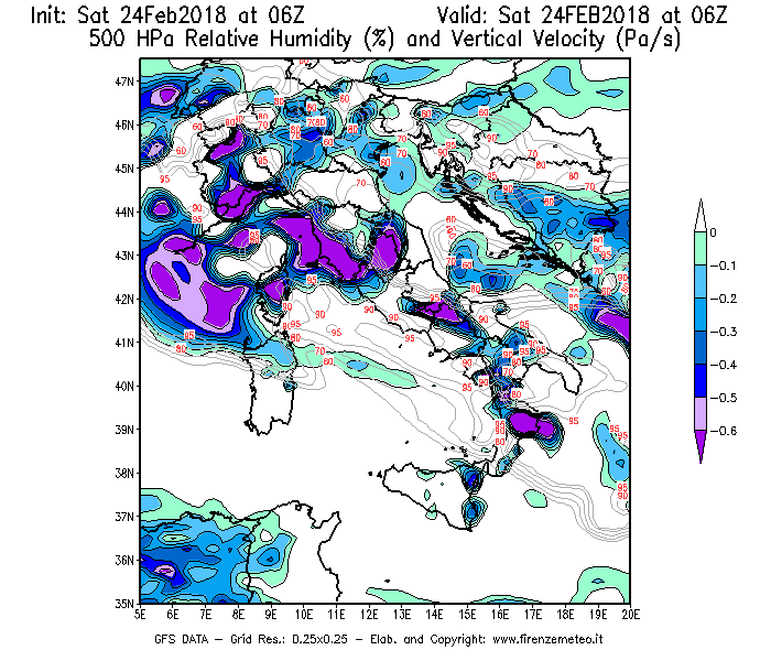 Mappa di analisi GFS - Umidità relativa [%] e Omega [Pa/s] a 500 hPa in Italia
							del 24/02/2018 06 <!--googleoff: index-->UTC<!--googleon: index-->