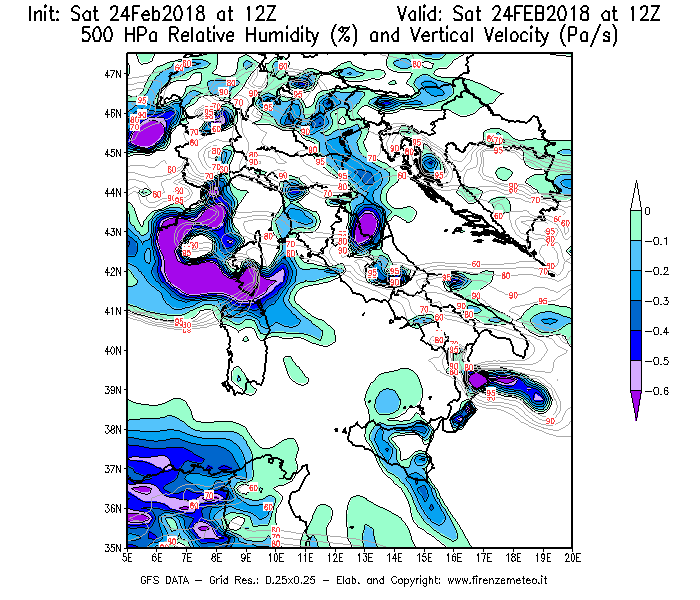 Mappa di analisi GFS - Umidità relativa [%] e Omega [Pa/s] a 500 hPa in Italia
							del 24/02/2018 12 <!--googleoff: index-->UTC<!--googleon: index-->