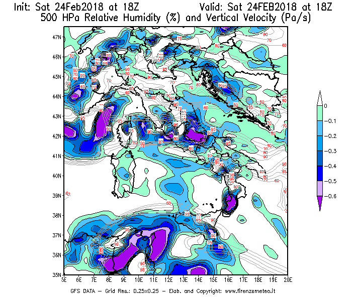 Mappa di analisi GFS - Umidità relativa [%] e Omega [Pa/s] a 500 hPa in Italia
							del 24/02/2018 18 <!--googleoff: index-->UTC<!--googleon: index-->