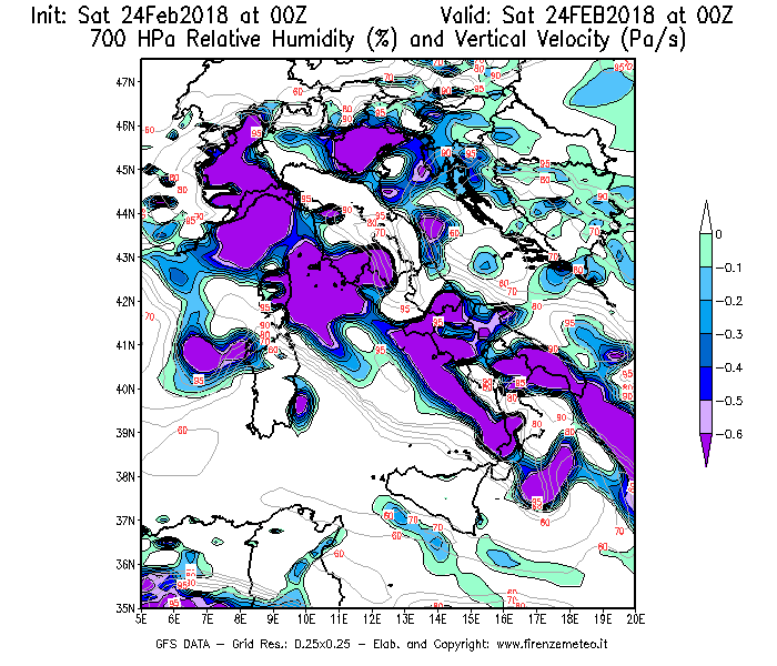Mappa di analisi GFS - Umidità relativa [%] e Omega [Pa/s] a 700 hPa in Italia
							del 24/02/2018 00 <!--googleoff: index-->UTC<!--googleon: index-->